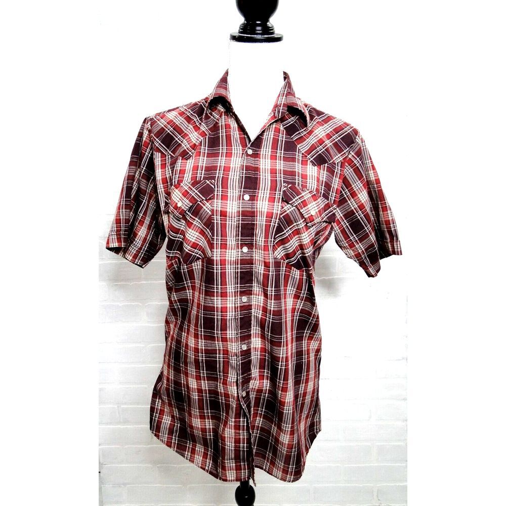 Ely‎ Cattleman Pearl Snap Shirt Men Small Red Plaid Pockets Short Sleeve